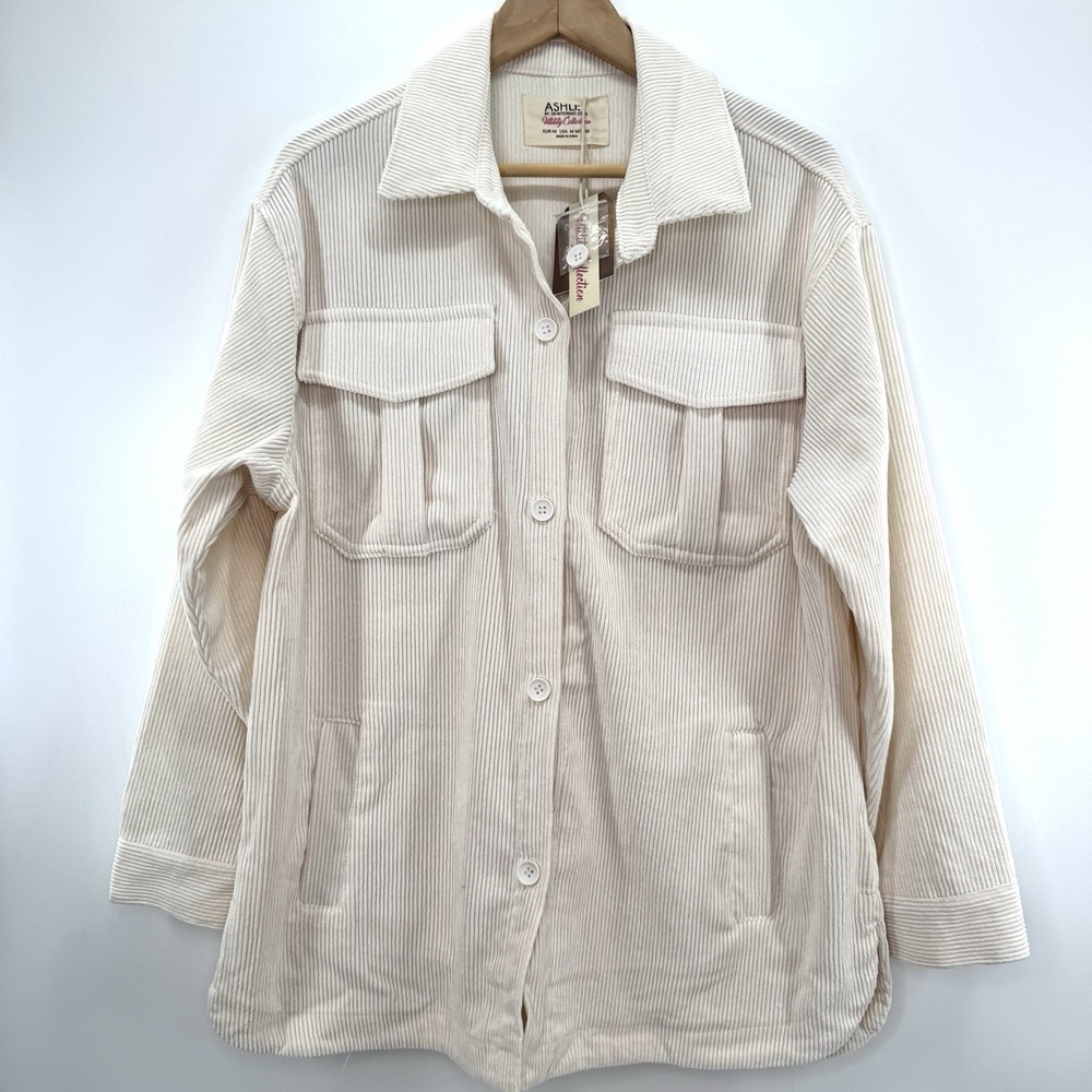 Ashley Utility Corduroy Shacket Sz M Oversized Ivory Wide Wale Soft Girl Gorp